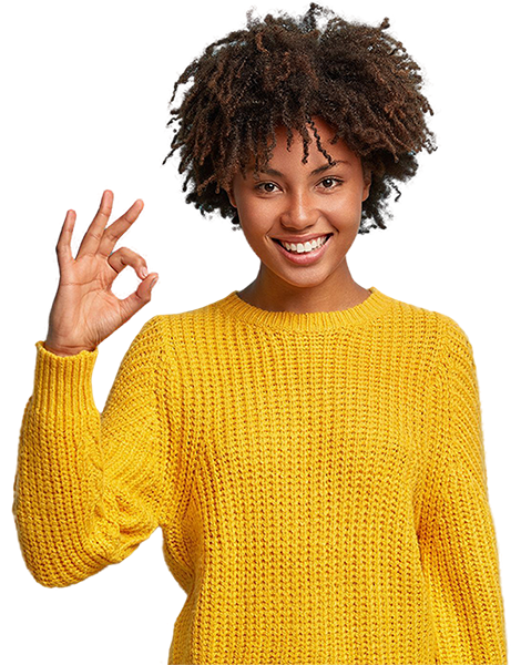 Young woman in yellow shirt doing ok sign with one hand